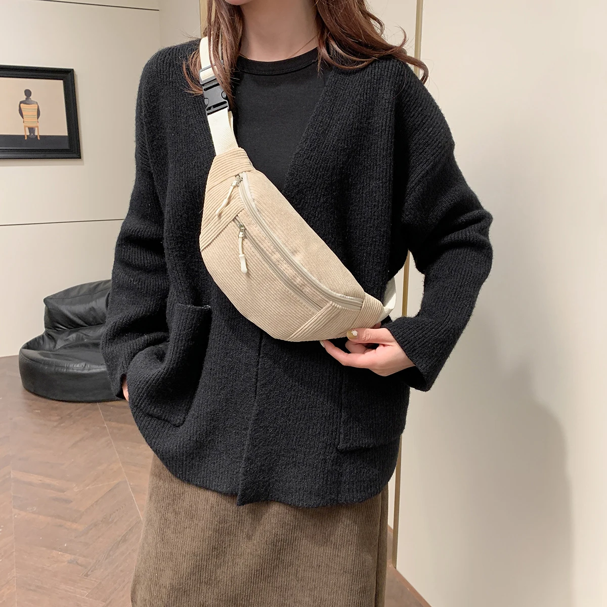 Women Waist Bag Corduroy Student Shoulder Handbag Crossbody Chest Breast Bag Fanny Pack Fashion Phone Female Bum Belt Purse - Image 2